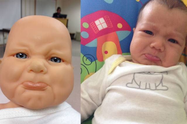Baby on the left is a doll from our parenting class in February. Baby on the right is our daughter who was born 2 months later.