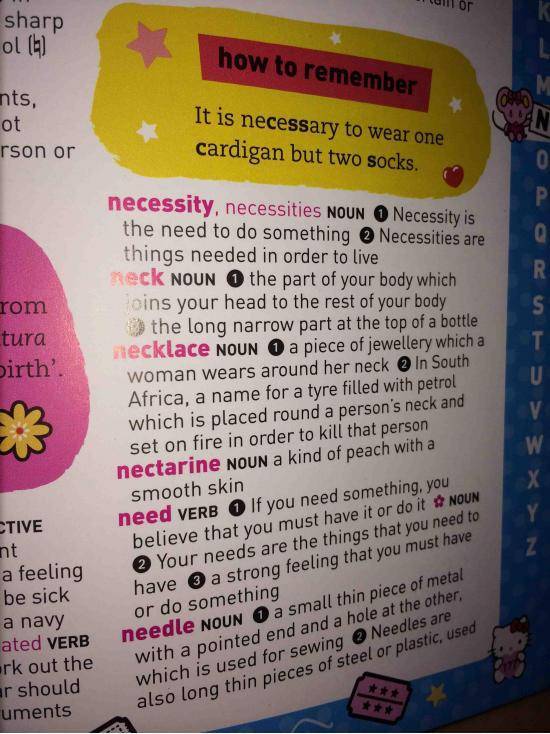 My sister pointed out this definition for necklace in her hello kitty dictionary...