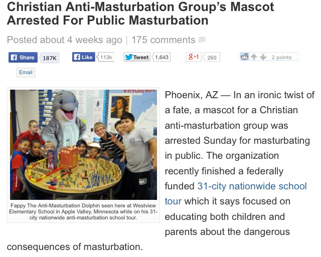Fappy, the anti masturbator mascot, caught masturbating in public. Poor fappy