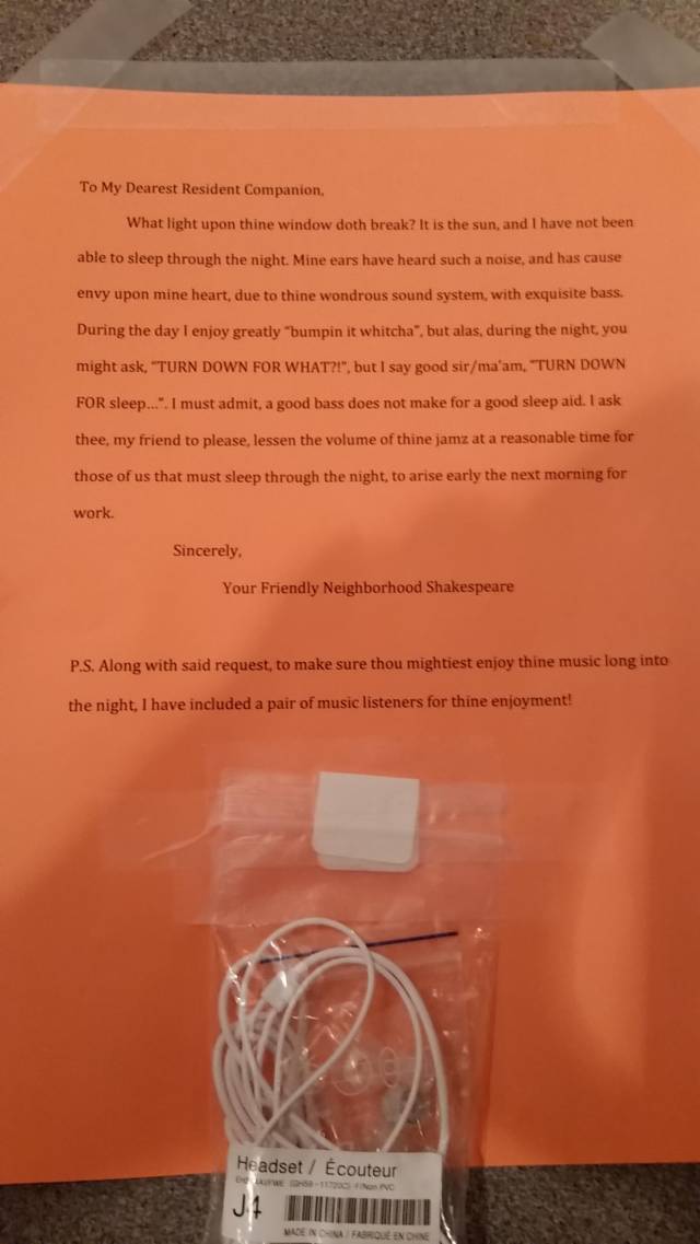 My friend found this on his door today after we apparently partied a little loud last night..