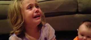 Little girl devastated that baby brother must grow up