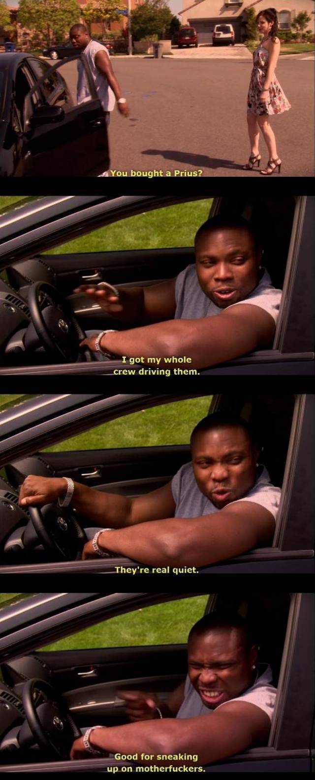 Nearly got hit by a Prius in a parking lot. Made me think of this.