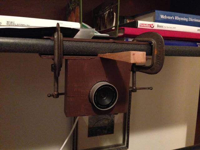 My grandpa made a holder for their webcam.