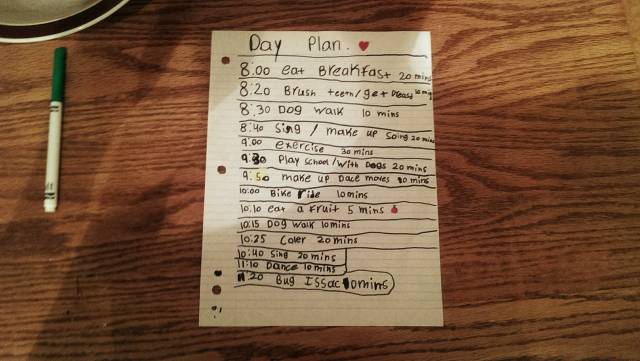 So my little sister made a schedule for her day before she goes to her friend's at 11:30