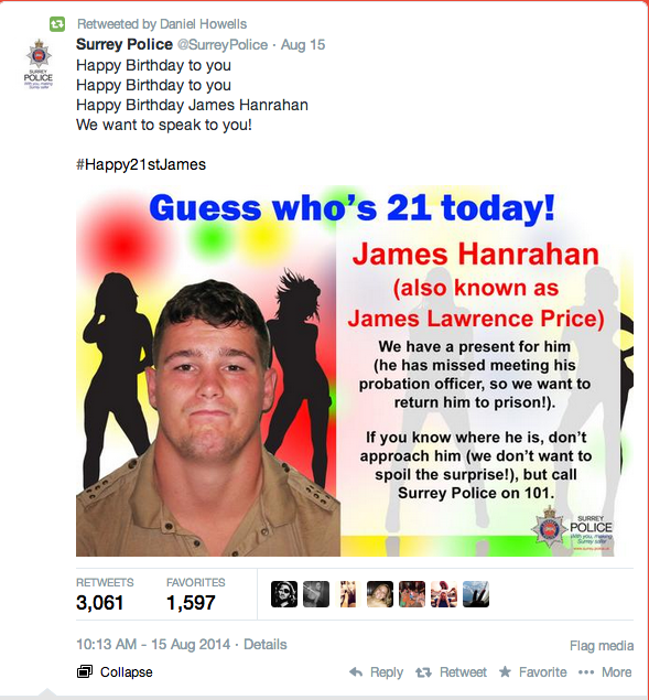 Surrey Police taking a novel approach to tracking down wanted criminals