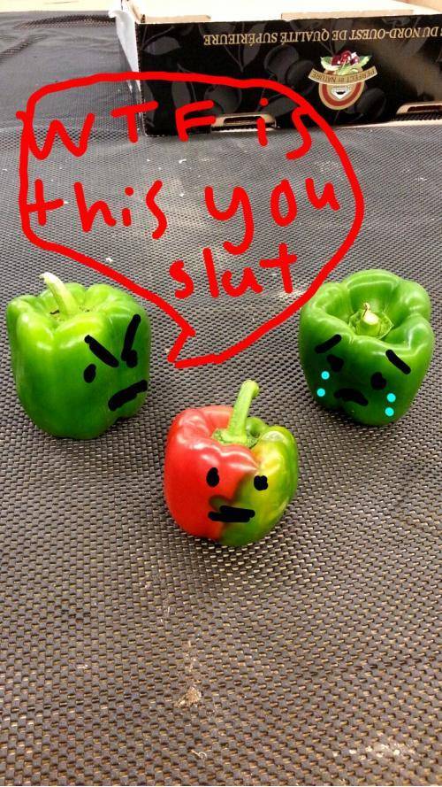 I work in produce at a grocery store. Found a pepper that was half red and half green. This was my coworkers immediate thought.