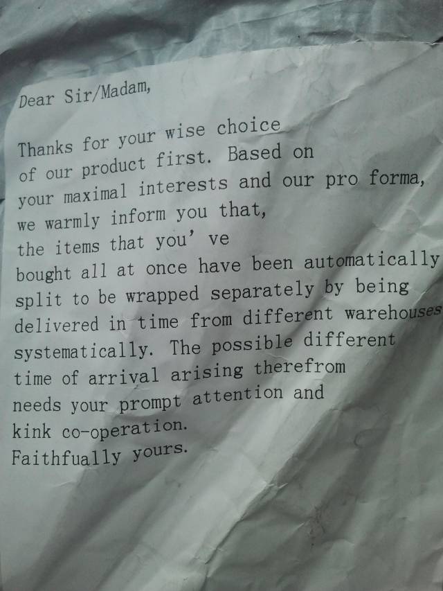 Ordered 2 Items off Amazon that came direct from China. Their message about splitting up the order made me smile.