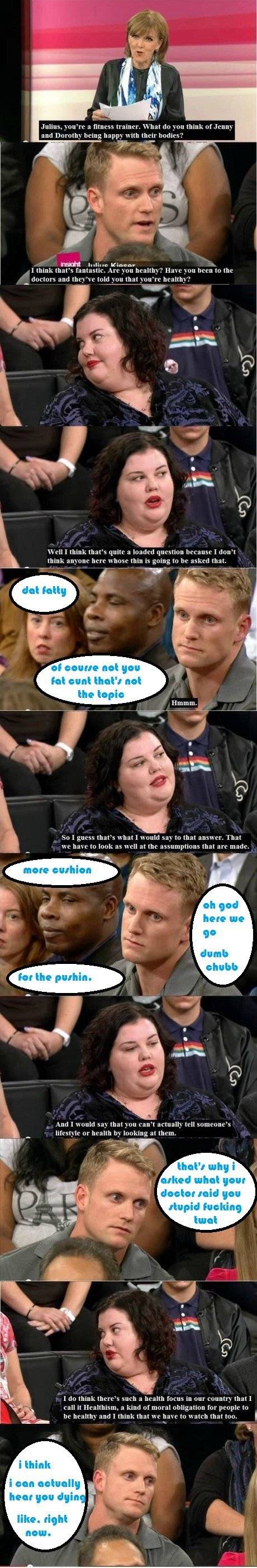 He's just surprised she took a break between bites