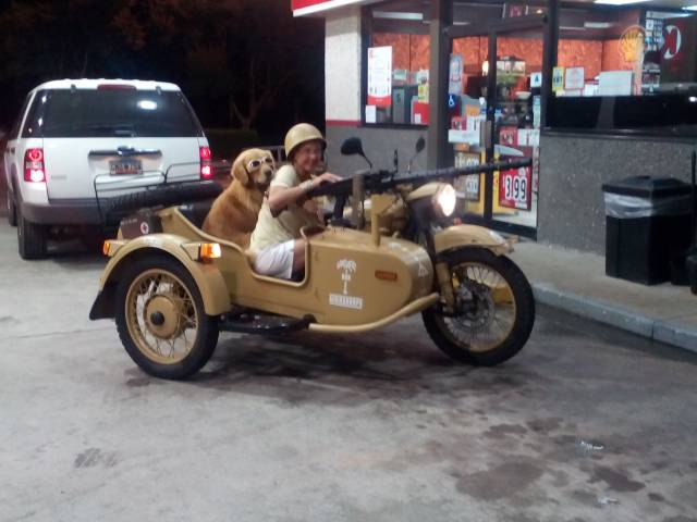 Just spotted in North Augusta, South Carolina.....yes, that's a mini gun mounted on the side car, and the dog is wearing riding goggles (doggles?)