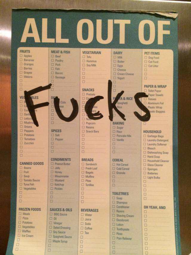This grocery list thing has been on my fridge for 2 years and hasn't been used once, until tonight.