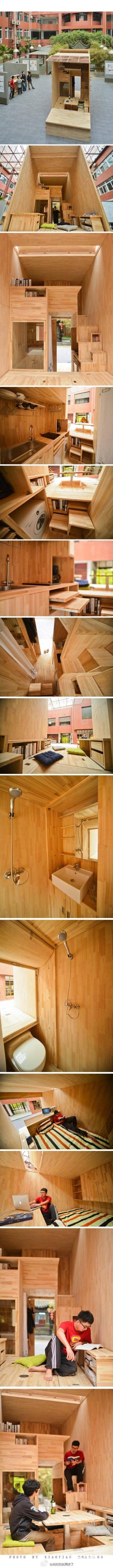 Student architect in China constructs his own 75 ft² wooden house complete with kitchen, bathroom, laundry room, and even a patio.
