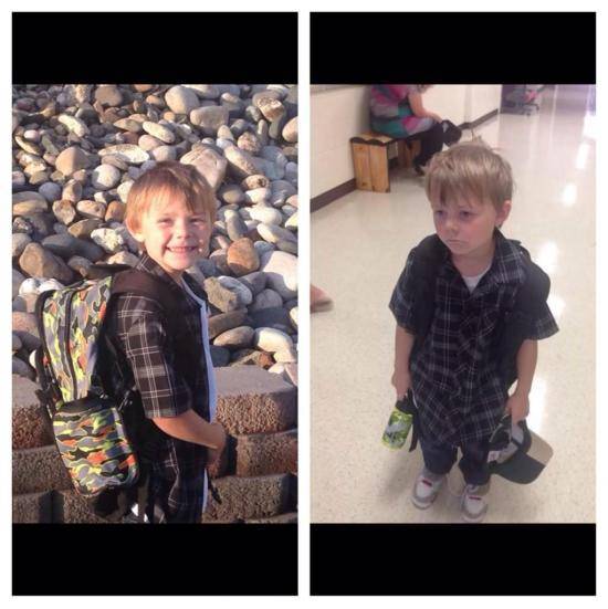 A picture of my friends little cousin before and after his first day of kindergarten... Broken.