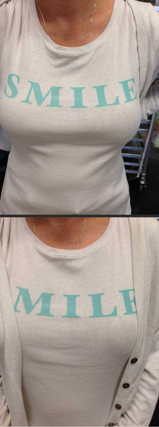 Wife: “All our customers were so cheery today! They all smiled!”– and then I saw her shirt...