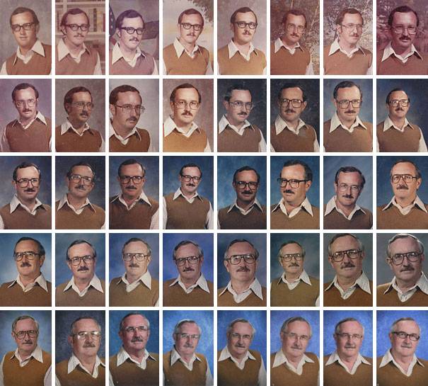 Teacher wears same clothes in school pictures for 40 years. Starts out as Steven Segal, now James Doohan.