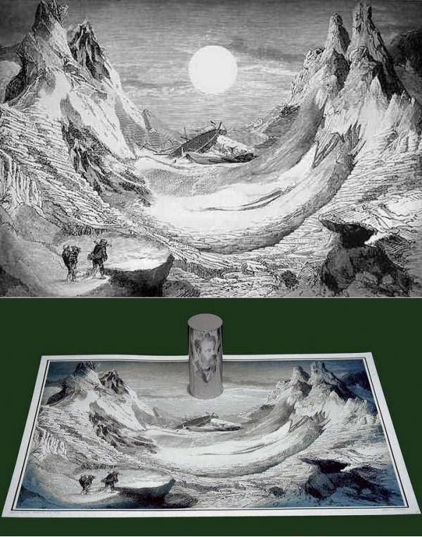 This picture looks like it depicts a shipwreck but if you place a mirror in a certain spot it becomes a portrait of Jules Verne.