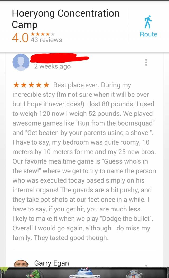 North Korean concentration camp review on Google maps.