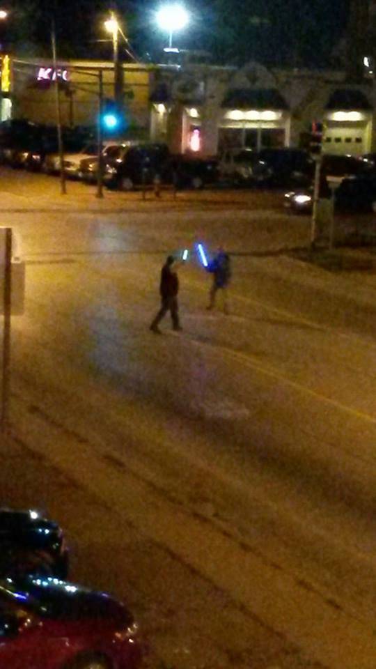 Some people had a light saber fight in the middle of the street.
