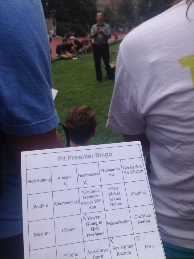 There's a guy at a college that rants every day about how everyone sins and someone made a bingo game to go along with him