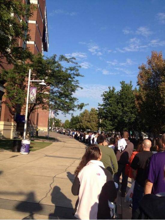 The line for the Ray Rice jersey exchange at Ravens stadium today.