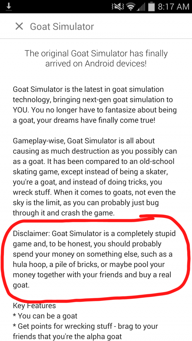 This game costs $4.99 on the Google Play Store, but hey...at least they're honest