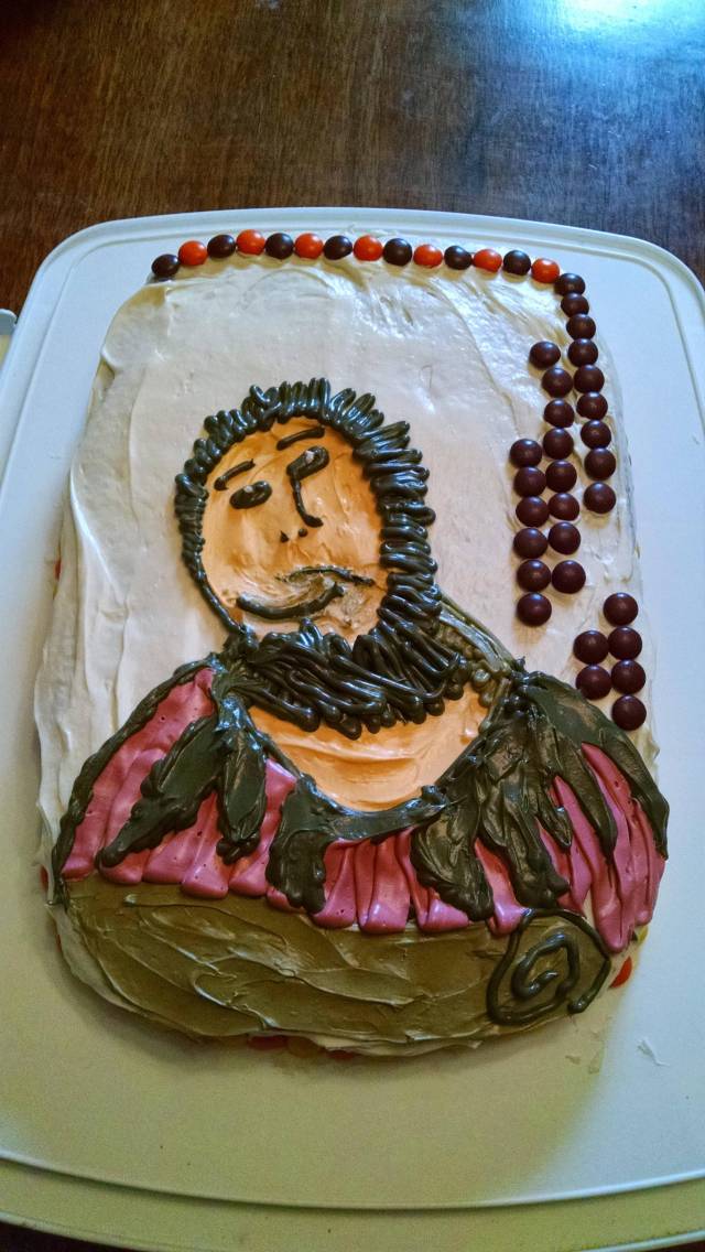 My boyfriend said he wanted a Reese's Pieces Rhesus Jesus birthday cake. He didn't think I'd take him seriously...