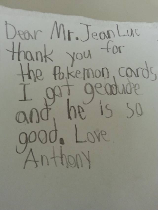 Hooked my boss' seven-year-old son up with my old Pokemon cards. This is his thank you note.
