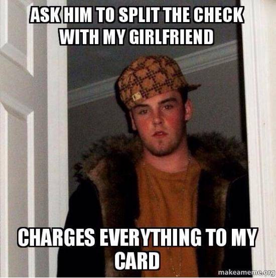 Scumbag waiter. We gave him both of our cards after he tells me that I should be paying for the lady’s meal.