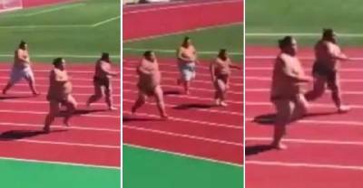 3 Sumo Wrestlers Battle It Out On The Race Track. Extremely Funny!