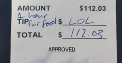 Customer Stiffed NJ Waitress...For A Tip on a $112 Bill, She Got A Big Fat &lsquo;LOL&rsquo;! The Joke Was On Him...She Called Him Out On Facebook!