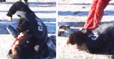 School Bully Gets Hit By A Flying Stomp While Pummeling Kid Half His Size