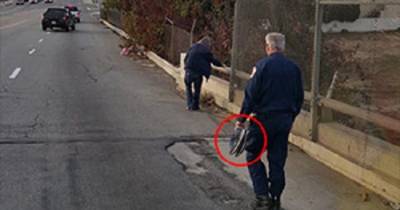 Firefighters Pull Over To Help An Elderly Homeless Man Walking Barefoot Down The Freeway