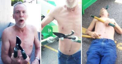 Old Man Knocked Out After Attacking Worker With Garden Tool