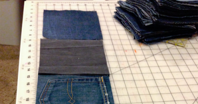 She Cut All Her Old Jeans Into Squares And Grabbed A SHOWER CURTAIN. The Best Part? It&rsquo;s Water Resistant!