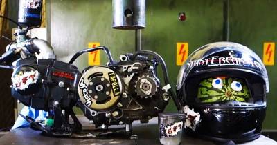 Motorcycle Engine And Helmet Crushed In A Hydraulic Press