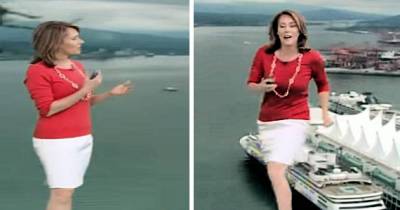 Weather Woman Runs Off In Sheer Terror When She Looks To The Left And Sees It