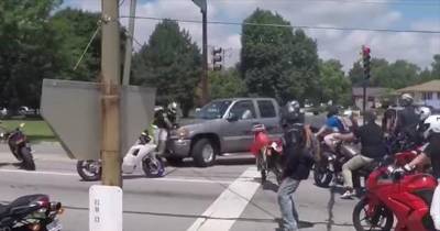 Pick-up Truck Tries To Mow Down A &lsquo;Friendly&rsquo; Mob Of Bikers On Church Grounds &lsquo;Grand Theft Auto&rsquo; Style