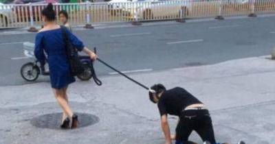Cheating Submissive Man Forced To Walk On Hands And Knees Through Town On A Leash