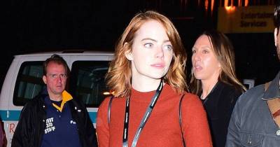 Emma Stone Displays Natural Beauty In Rust Jumper And Minimal Make-up