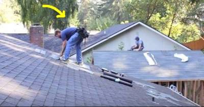 Men Work On Roof When Man In Blue&rsquo;s Song Comes On. He Busts A Move That Has Internet In Stitches