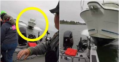Fishermen Dive Into River Moments Before Huge Speedboat Smashes Into Their Vessel