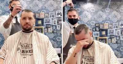 Cancer Patient Breaks Down After Barber Shaves Off His Own Head As An Act Of Solidarity.