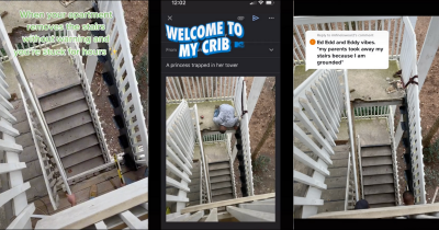 Hilarious Moment When Woman Realizes Stairs Suddenly Disappear Due To Construction