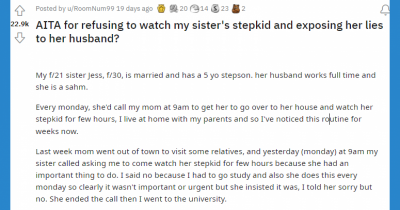Woman Confused If She Is A Bad Sister For Refusing To Watch Her Sister's Stepkid And Exposing Her Lies To Her Husband