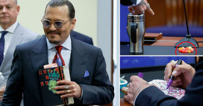 Johnny Depp Arrives At His Court Hearing Munching On Jelly Beans And Swigging From A Huge Coffee Mug
