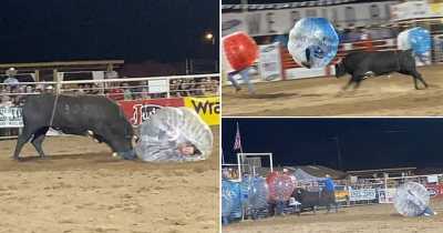 Bull Gores And Stamps On Helpless Woman During A Bubble Ball Bull Race Rodeo