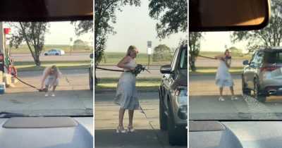 Video Shows Rich Lady Failing Many Times To Pump Gas In Her Car