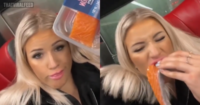 People Are Disgusted As Woman Eats Raw Salmon Fillet On Bus