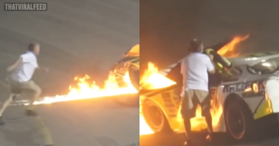 Unbelievable Clip Captures Moment Father Pulls Son From Burning Car After Dramatic Racetrack Crash